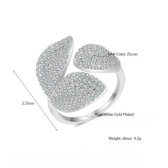 NWT 14K White Gold Plated CZ 3 Leave Statement Cocktail Ring Open Adjustable - Picture 6 of 10